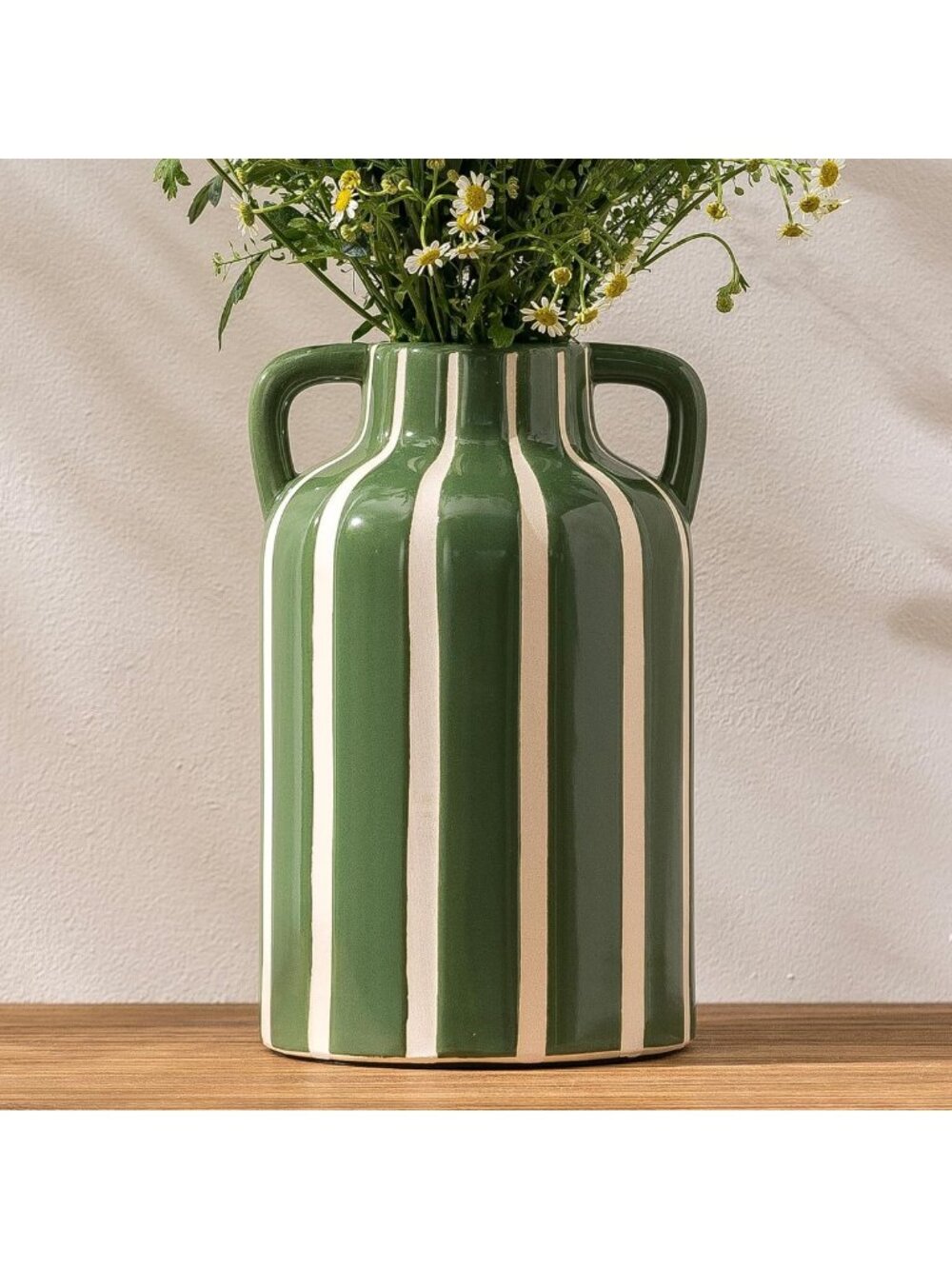Modern Farmhouse Striped Ceramic Vase with Handles, 9.1" Tall Decor for Pampas